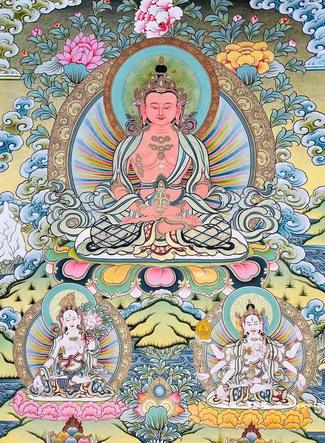 青海热贡长寿佛长寿三尊藏族纯手绘唐卡挂画纯手工