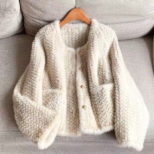 水貂毛编织外套皮草短款水貂麦穗编织开衫名媛皮草款貂皮大衣外套