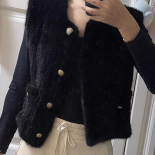 水貂编织百搭坎肩外套女宽松洋气水貂毛编织马甲圆领超短简约时尚
