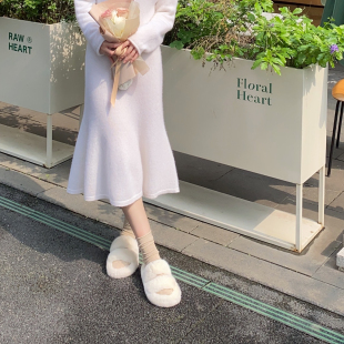 康赛妮羊绒 ~温柔轻盈~月光白羊绒鱼尾针织连衣裙棉花糖触感