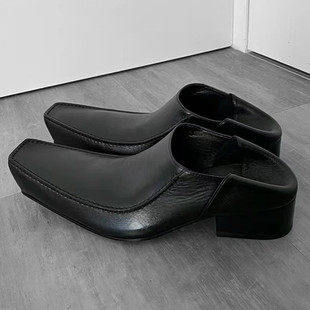 男女同款翘头德比小皮鞋2025新英伦复古粗跟两穿船深口方头乐福鞋