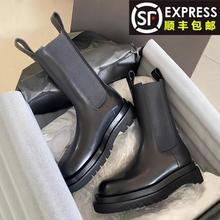 牛皮版~真皮内增高马丁靴女英伦风厚底中筒烟筒女靴切尔西短靴子