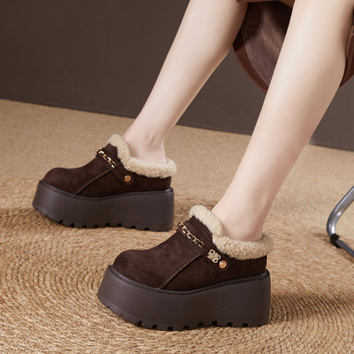 震地王包头加绒半拖鞋女2025冬季新款保暖毛毛鞋厚底内增高勃肯鞋