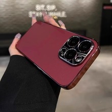 适用苹果16promax手机壳酒红色皮纹电镀iPhone15promax带镜头膜14PM新款高档奢华13男女简约16pro防摔保护套
