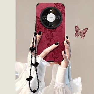 酒红色皮质蝴蝶适用华为mate80pro手机壳新年喜庆mate70pro彩绘新款 pura80小众高级感p60全包防摔m70保护套软