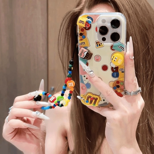 14PM羽纱13高级感女款 适用iphone16promax手机壳卡通立体彩色M豆苹果15pro彩绘新款 带手链12硅胶防摔保护套16