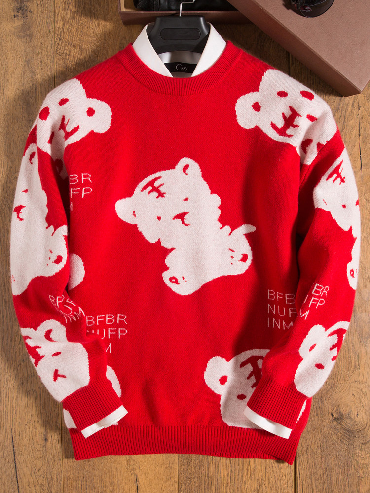 호랑이의 해 귀여운 조디악 년 빨간 스웨터 남자 겨울 니트 스웨터 캐시미어 스웨터 남자 100 순수 캐시미어 두꺼운 라운드 넥