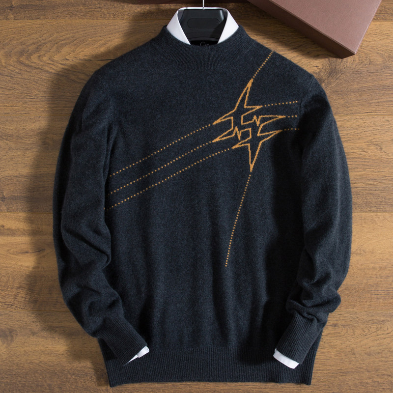 점선 캐시미어 스웨터 남성 풀오버 루즈한 짙은 회색 자카드 바닥 스웨터 퓨어 캐시미어 스웨터 남성 하프 터틀넥