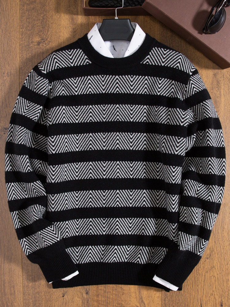 가을 겨울 남성용 흑백 스트라이프 스웨터 따뜻하고 패셔너블하고 대비되는 색상 남성용 가벼운 럭셔리 캐시미어 스웨터 100 순수 캐시미어 라운드넥 두꺼워짐