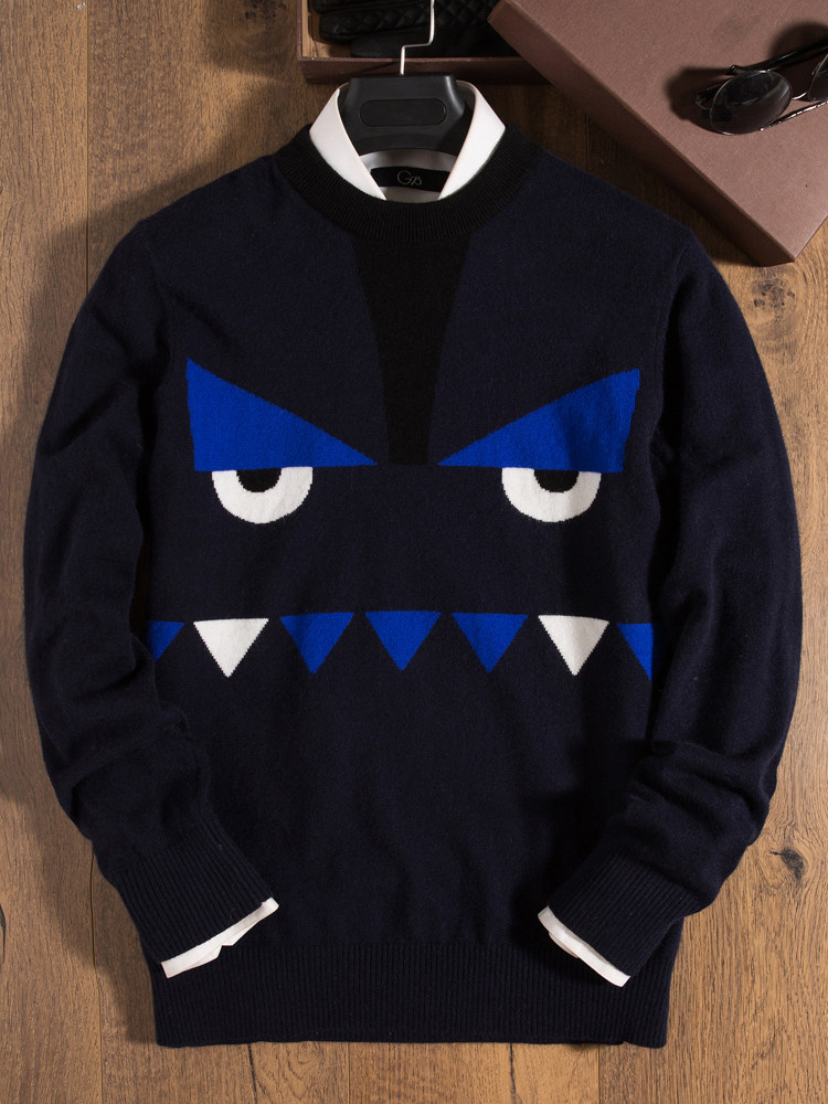 남성용 작은 악마 자카드 스웨터 겨울 따뜻하고 세련된 한국 청소년과 학생을 위한 얇은 라운드 넥 캐시미어 스웨터