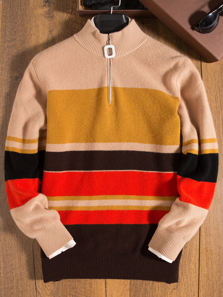 남성용 연예인 같은 스타일 대비 스트라이프 스웨터 겨울 캐주얼 스웨터 두꺼운 지퍼 칼라가 있는 남성용 하프 터틀넥 캐시미어 스웨터