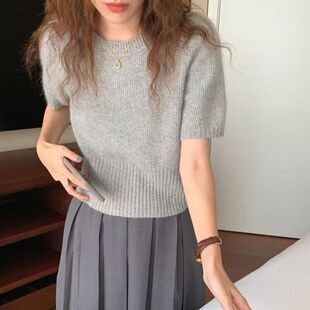 显瘦收腰圆领套头短款 法式 2023年新款 t恤女夏季 上衣 复古针织短袖