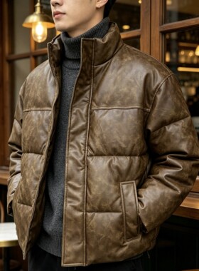 秋冬重磅厚实PU皮立领男棉服