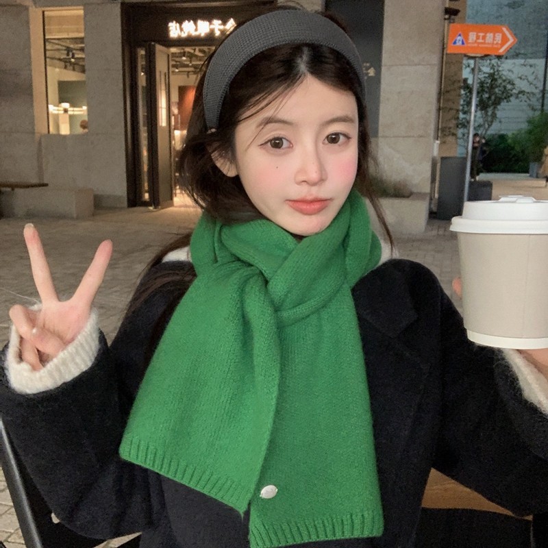 韩系绿色显白高级感羊毛兔绒混纺围巾女2025冬季新款保暖针织围脖