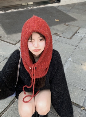 韩版红色针织毛线帽拉法帽女冬季