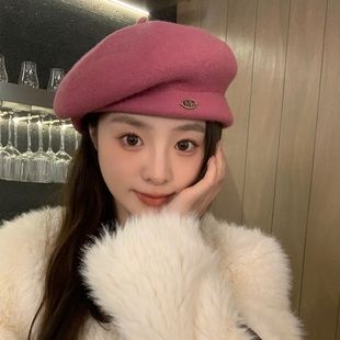 气质复古韩国澳洲羊毛呢贝雷帽子女秋冬款大头围显脸小画家帽