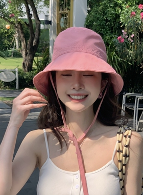 韩国粉色渔夫帽女夏遮阳帽防晒