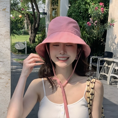 韩国粉色渔夫帽女夏遮阳帽防晒