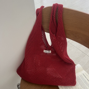 Bella韩系红色包包女夏季 懒惰风编织包度假通勤针织单肩包托特包