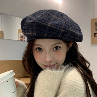 韩国订单~羊毛复古英伦格子贝雷帽女秋冬季显脸小大头围画家帽子