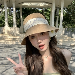 高品质新中式遮阳草帽女渔夫帽夏季度假大头围显脸小防晒太阳帽子