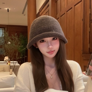 韩国ins古早咖棕色卷边显脸小含羊毛针织帽子女秋冬保暖毛线盆帽