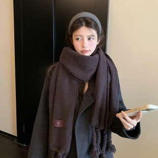 韩系博主酱紫色千鸟格麻花流苏围巾女2025冬季 氛围感保暖加厚围脖