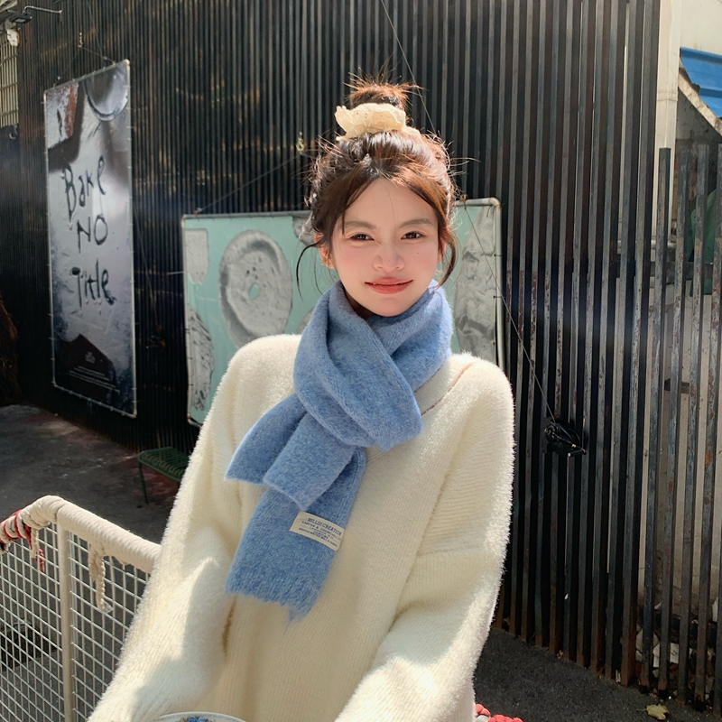 韩版布标冬季女蓝色围巾围脖