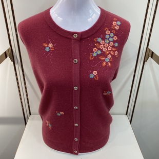 春秋装100纯羊毛开衫妈妈装绣花针织外套冬季羊毛衫中年老人毛衣