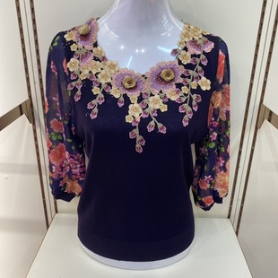 春秋装 小衫 针织衫 t恤洋气阔太太雪纺上衣中老年纱袖 七分袖 妈妈装