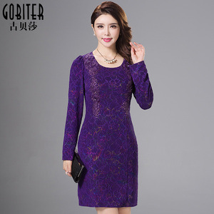 古贝莎春秋蕾丝刺绣中裙一步裙名媛修身针织妈妈装包臀连衣裙