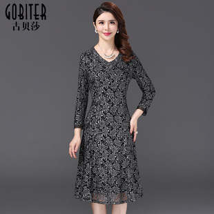古贝莎高端品牌女装春秋阔太太网纱刺绣中年妈妈装气质连衣裙