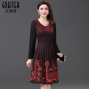 古贝莎高端品牌春秋长袖刺绣手工钉珠气质大码妈妈装连衣裙子V领