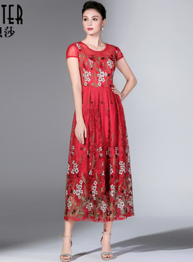 古贝莎夏季新款品牌女装红色连衣裙结婚妈妈礼服长裙子