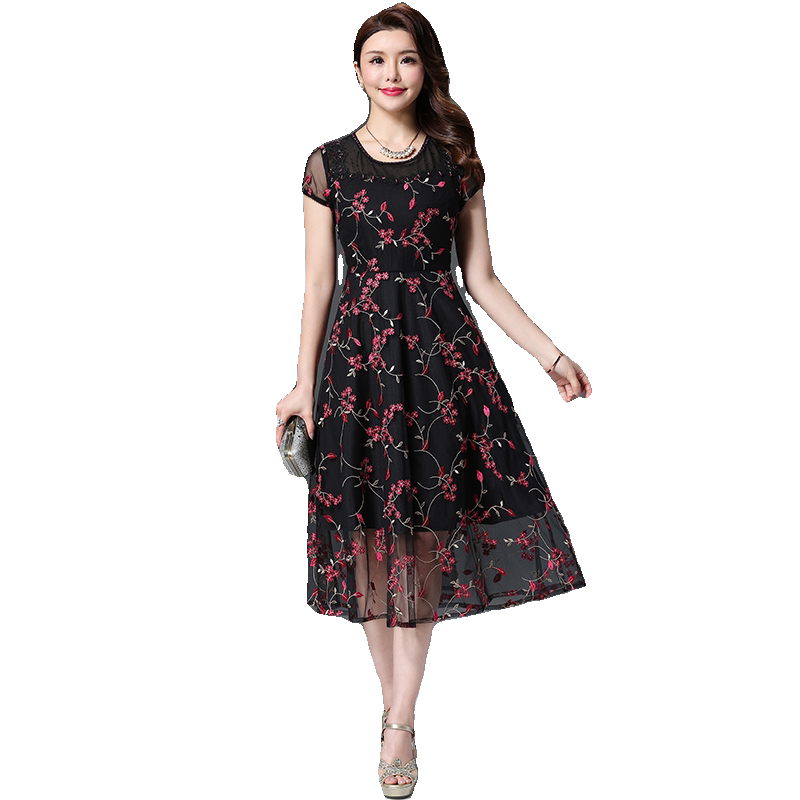 古贝莎高端女装连衣裙夏季台湾网纱刺绣修身中年妈妈礼服长裙子