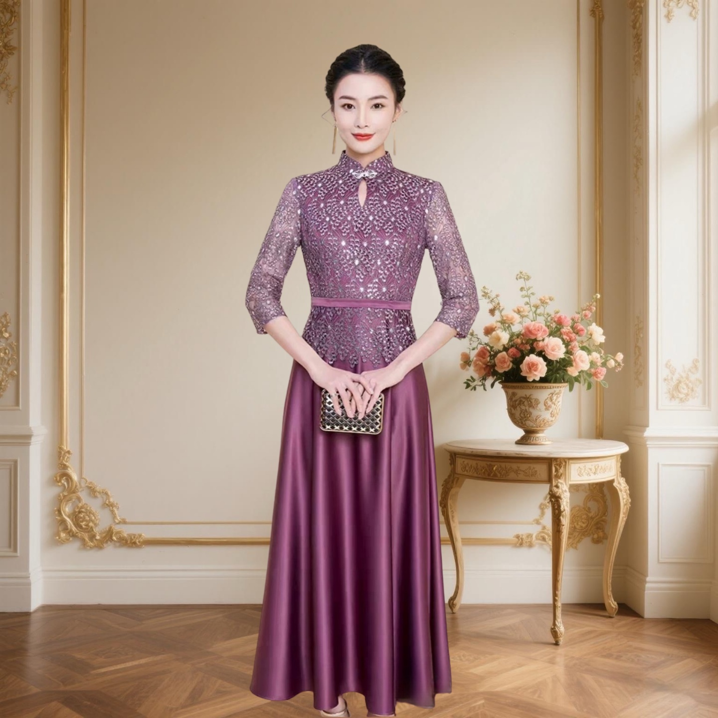紫色妈妈婚宴改良旗袍新款