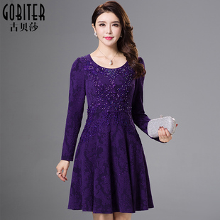 古贝莎高端品牌女立体显瘦名媛时尚手工钉珠妈妈贵夫人修身连衣裙