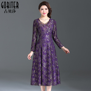 古贝莎新款女装春秋连衣裙时尚礼服刺绣拼接飘逸中长裙子