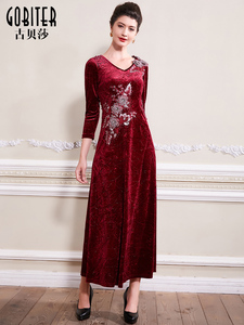 古贝莎气质春秋高端品牌金丝绒手工钉珠结婚礼服婚宴妈妈连衣裙子