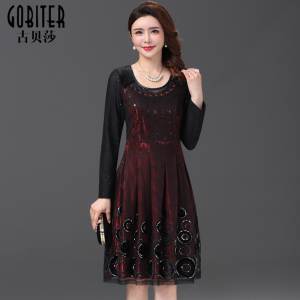 古贝莎品牌连衣裙高端战袍优雅亮片蕾丝刺绣修身中年妈妈秋冬女