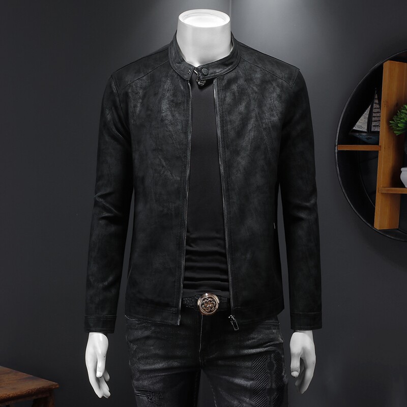 2025年秋冬新款男士立领机车皮外套修身潮男货号9023P175假模，男装皮衣，钱塘6007(原2006)