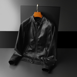 2024秋冬新款男士立领机车皮外套 修身潮男皮衣7170 P175黑白图片
