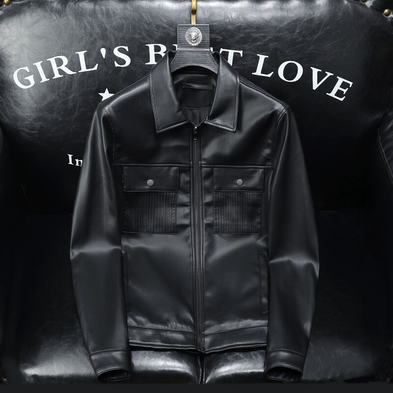 2024秋冬新款男士翻领机车皮外套修身潮男6170P175黑色沙发底，男装皮衣，钱塘6007(原2006)