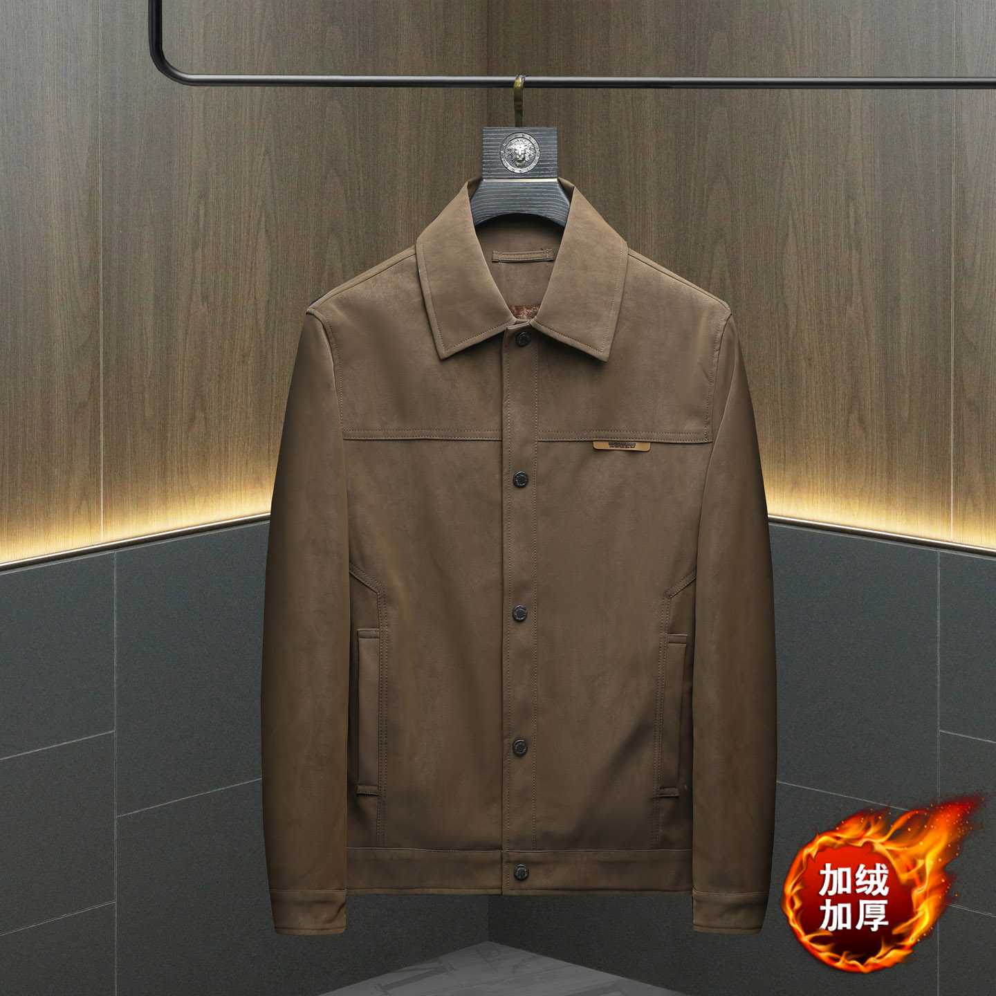 2025秋冬新款加绒男士翻领机车皮外套修身潮男6375-2P155沙发，男装皮衣，钱塘6007(原2006)