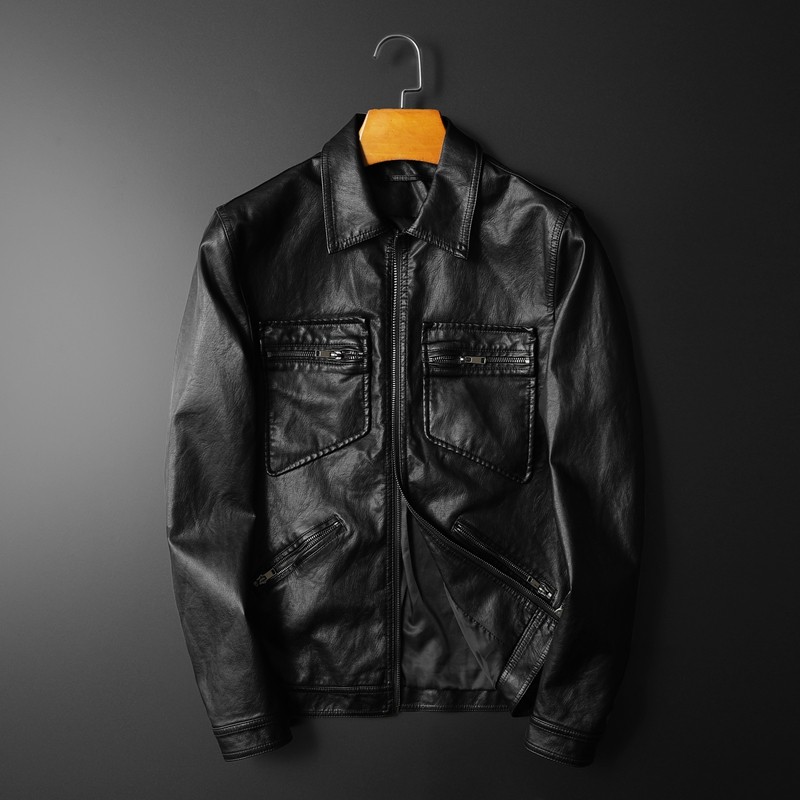 2024秋冬新款男士翻领机车皮外套 修身潮男皮衣7016 P175黑棕色,男装,皮衣,淘宝优惠券,粉丝福利购,淘宝优惠卷