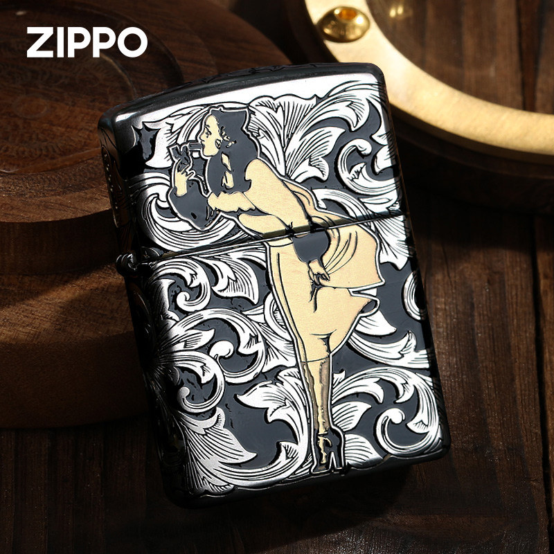 ZIPPO/之宝打火机黑金唐草风中女郎镀银盔甲防风正品收藏男友礼物