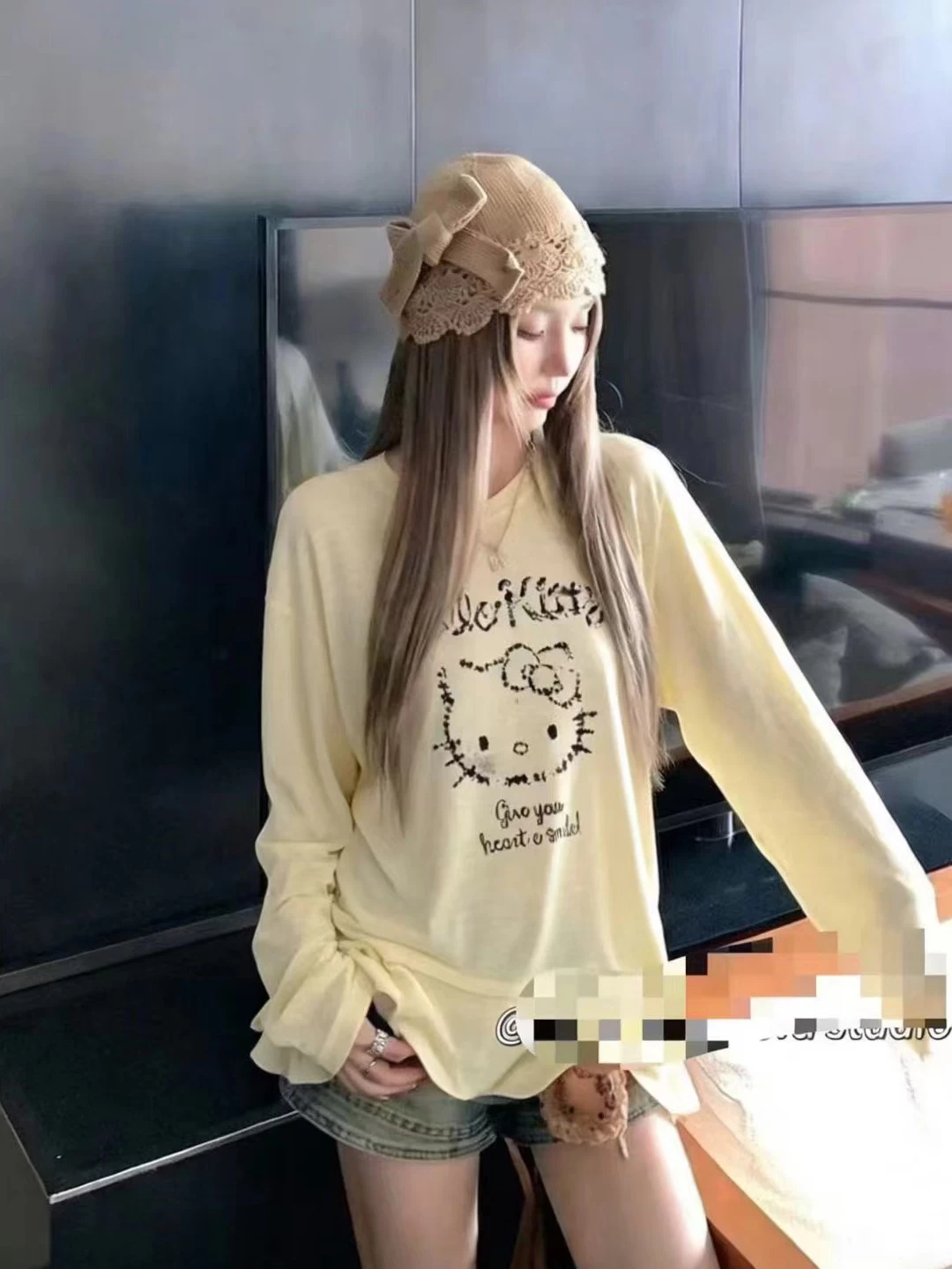 卡通kitty猫印花长袖T恤女26夏季慵懒宽松微透防晒罩衫荷叶边上衣