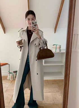 2025秋冬季新款高级时尚百搭气质休闲纯色翻领中长款风衣外套女