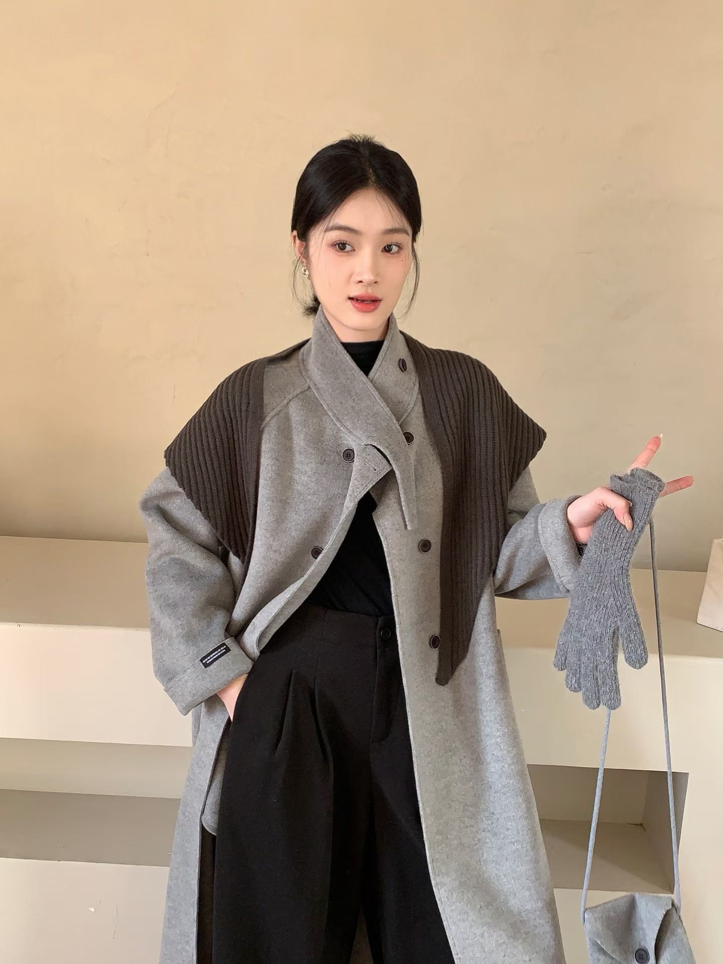 韩国东大门立领双面羊绒大衣女中长款高级感系带赫本风羊毛呢外套