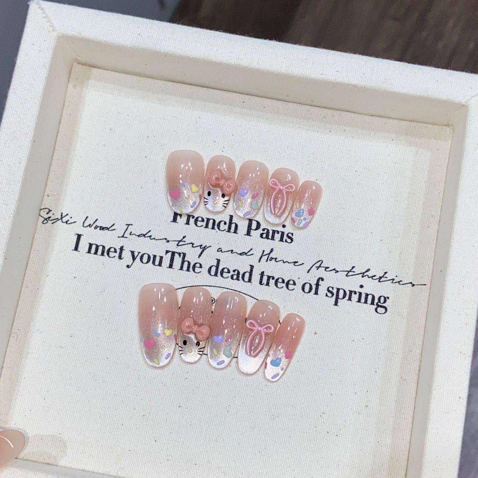 奥勉 纯手工穿戴甲可爱彩绘KT猫美甲彩色糖果蝴蝶结美甲贴片,彩妆/香水/美妆工具,穿戴甲/甲片,淘宝优惠券,粉丝福利购,淘宝优惠卷